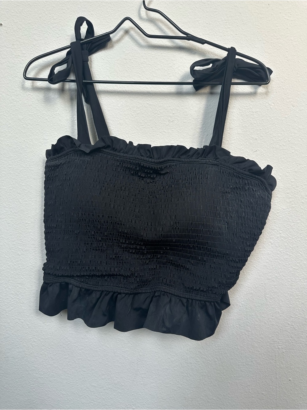Black Smocked Ruffle Swim Cami with Tie-Straps